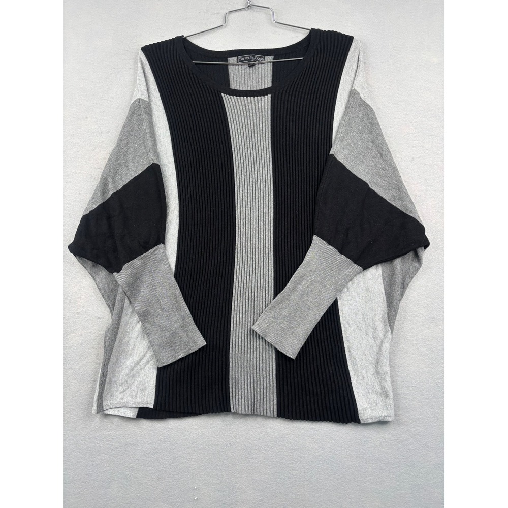 Sienna Sage Womens 2X Colorblock Batwing Sweater Grey Black Ribbed Knit Top